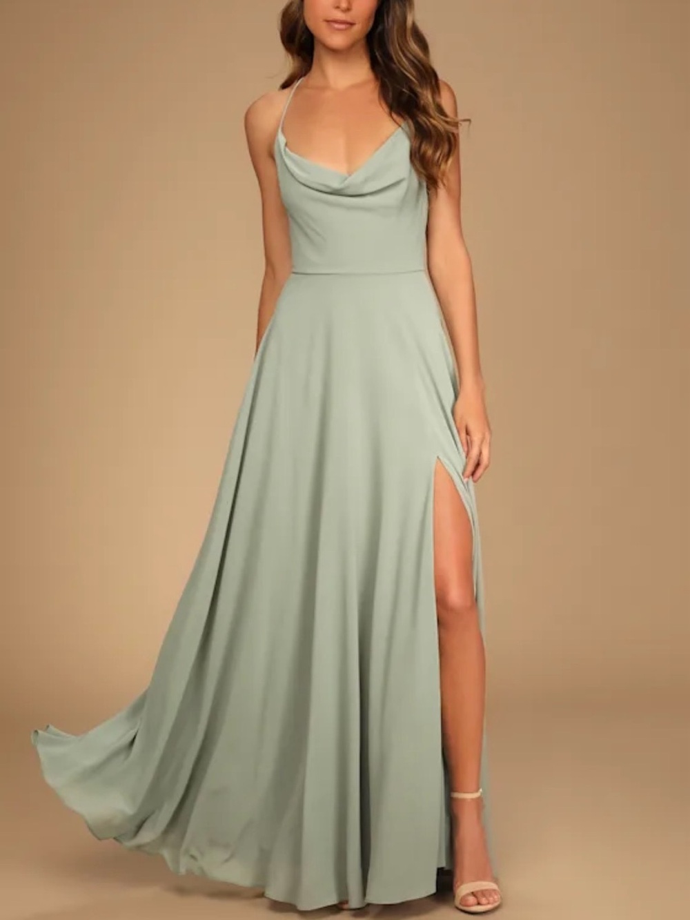 Lulu's Sage Green Cowl Neck Spaghetti Strap Dress